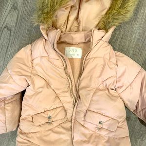 Zara 2-3T pink winter coat with fur hood